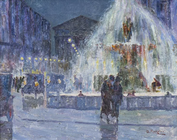 Osvaldo PINHEIRO — Osvaldo PINHEIRO (1890-1923), 'Fontaine la nuit sur la place de la Concorde', huile