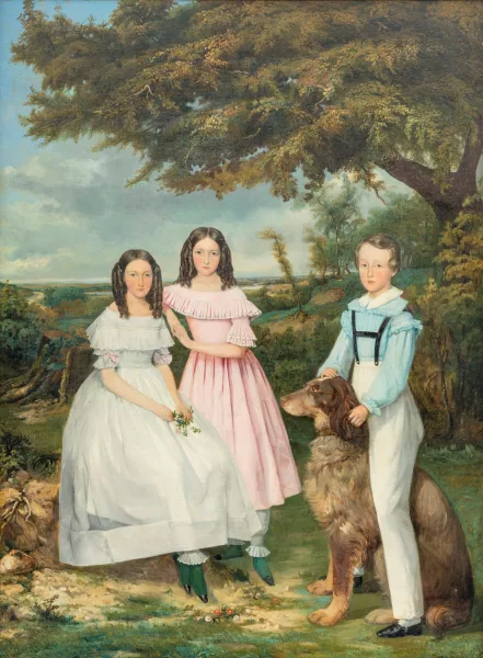 Franz Xaver Winterhalter — Dans le goût de Franz Xaver Winterhalter — Portrait 3 enfants et chien,