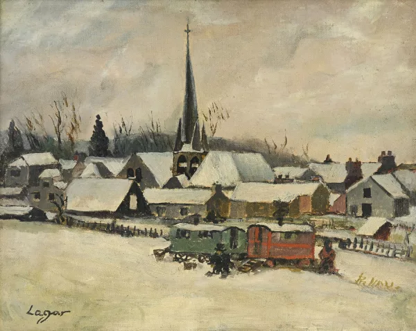 Celso Lagar — Roulotte stationnée devant un village enneigé