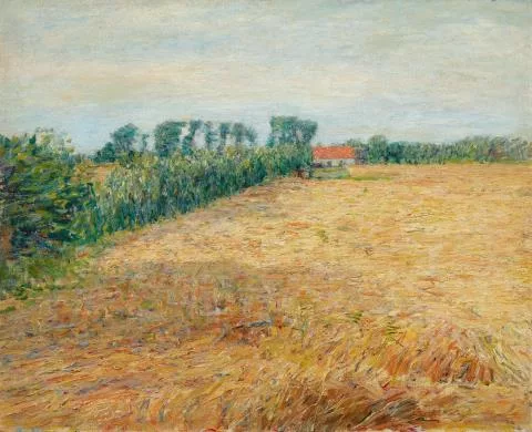 Paul Baum — Spätsommerliches Stoppelfeld an einer Hecke mit fernem Haus