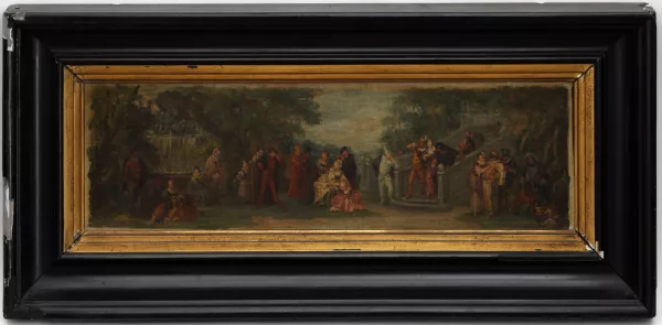 Antoine Watteau — Suiveur de Antoine Watteau — Scène galante, bal masqué en extérieur,