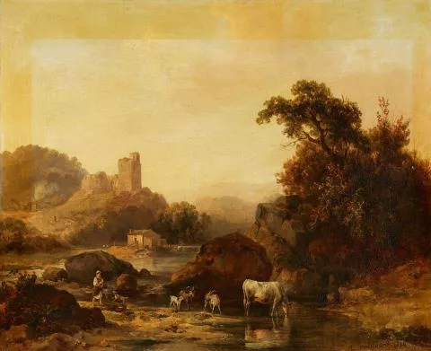 Jacques Raymond Brascassat — Flusslandschaft mit Burgruine und Viehherde