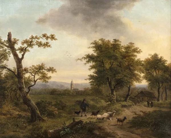 Barend Cornelis Koekkoek — Attribué à Barend Cornelis Koekkoek — Paysage animé au clocher et berger