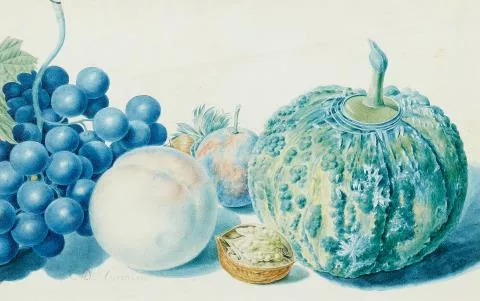 Michiel van Huysum — Stillleben mit Trauben, Pfirsich, Nüssen, einer Pflaume und einem Kürbis