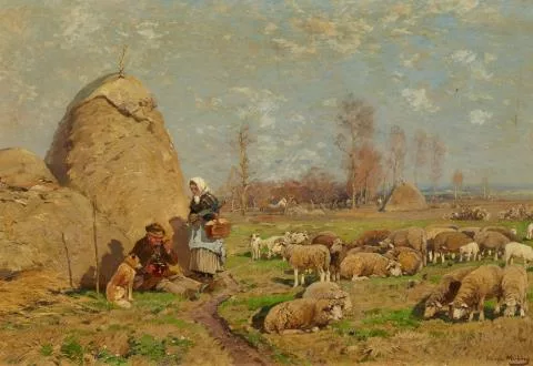 Hugo Mühlig — Sommerlandschaft mit Bauernpaar und Schafherde