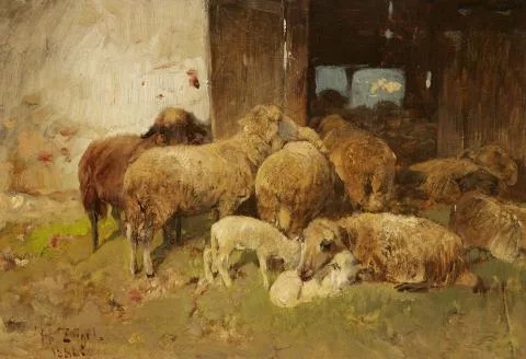 Heinrich von Zügel — Kleine Schafherde vor einem Stall