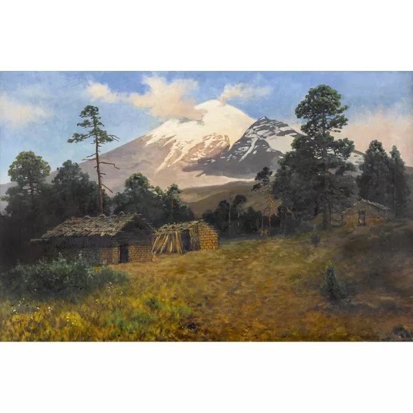 August Lohr — Der Vulkan Popocatépetl mit Bauernhäusern.