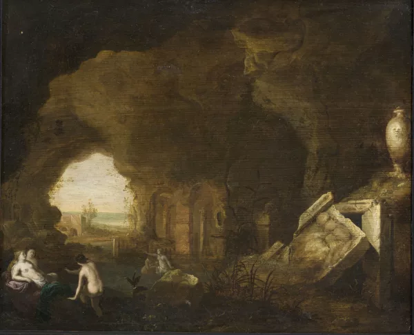 Cornelius van Poelenburgh — Entourage de Cornelis van Poelenburgh — Nymphes au bain dans une grotte abritant un sarcophage,