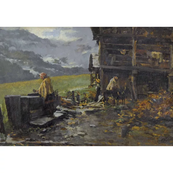 Silvio Poma — Alplandschaft mit Bauern und Ziegen vor ihrer Hütte.