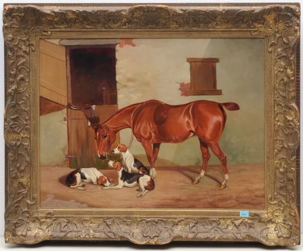 Algernon Talmage — Pferd und Jagdhunde vor dem Stall