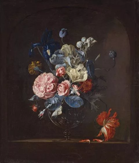 Willem van Aelst — Glasvase mit Rosen, Iris, Tagetes und Tulpe in einer Nische