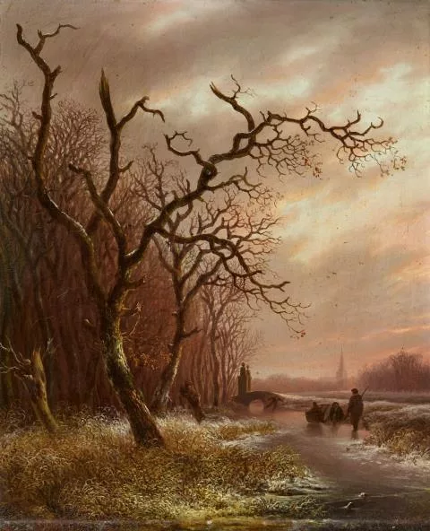 Andreas Schelfhout — Abendliche Winterlandschaft mit Schlittschuhläufern
