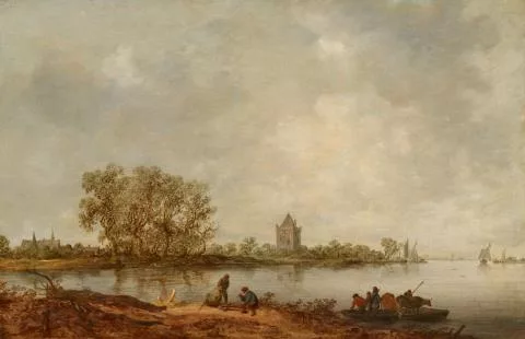 Jan van Goyen — Küstenlandschaft mit Fähre und Turm im Hintergrund
