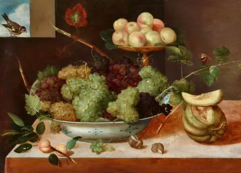 Peter Binoit — Stillleben mit Trauben in einer Porzellanschale, Pfirsichen, Melonen und Schnecken