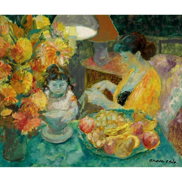 Emili Grau Sala — Interieur mit Mutter, Kind und Früchteschale.