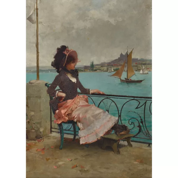 Émile Auguste Pinchart — Sitzende elegante Dame mit Fussschemel im Freien.