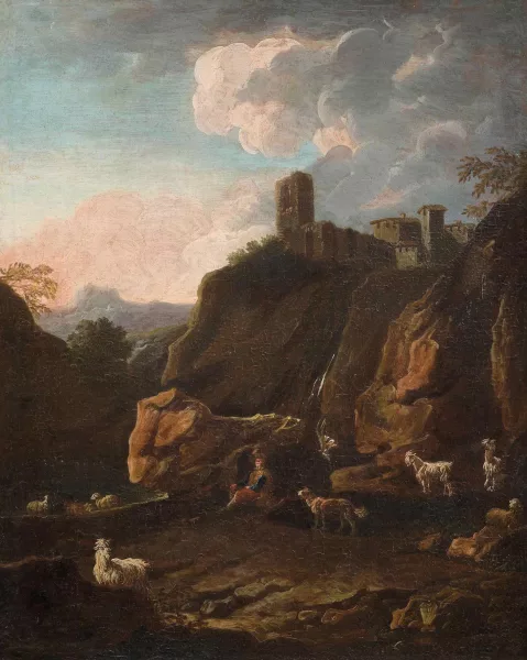 Philipp Peter Roos — Attribué à Roos, Philipp Peter — zugeschrieben Hirte mit seiner Herde am Wasser bei einer Ruine