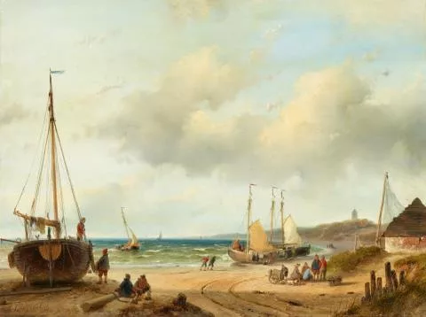 Andreas Schelfhout — Küstenlandschaft mit Fischern und beladenen Booten