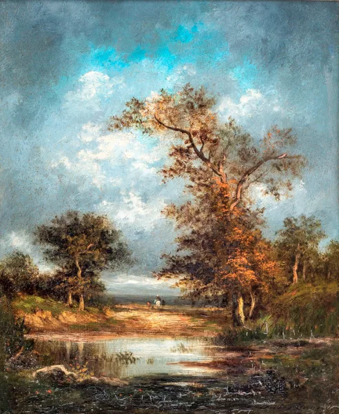 Jules Dupré — Paysage de campagne animé avec étang,