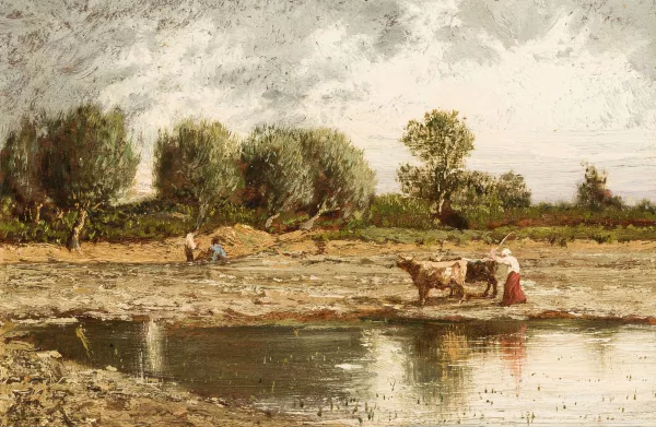 Théodore Rousseau — Attribué à Théodore Rousseau — "Paysanne conduisant son troupeau",
