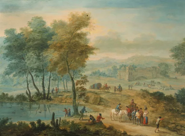 Mathys Schoevaerdts — Attribué à Schoevaerdts, Mathys — zugeschrieben Weite Landschaft mit Handelstreibenden