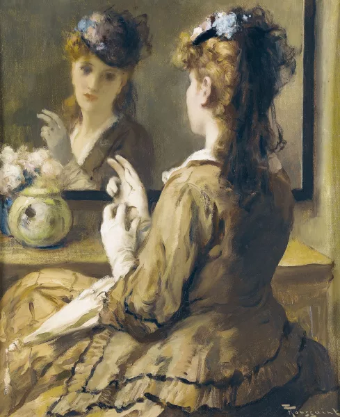 Fernand Toussaint — Junge Frau mit Handschuhen vor Spiegel.