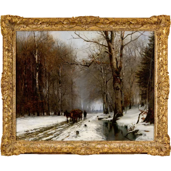 Anders Andersen-Lundby — Winterlicher Waldweg mit Holzfuhre.