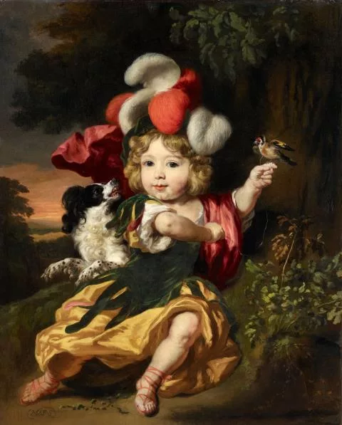 Nicolas Maes — Bildnis eines Jungen mit Hund und Vogel