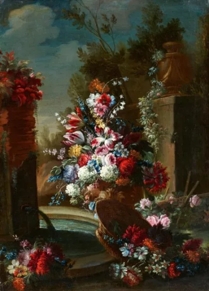Gasparo Lopez — Zwei Blumenstillleben vor Landschaft