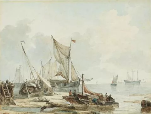 Petrus Johannes Schotel — Uferlandschaft mit beladenen Booten und Segelschiffen