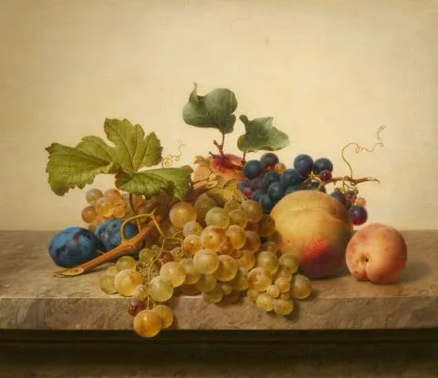 Johann Wilhelm Preyer — Stillleben mit Trauben, Pflaumen und Pfirsichen