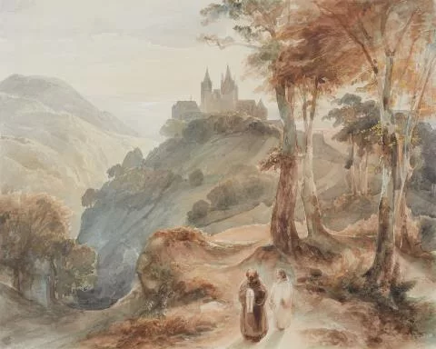 Carl Friedrich Lessing — Gebirgslandschaft mit Abtei, einem Priester und seinem Messdiener auf dem Weg zu einem Versehgang