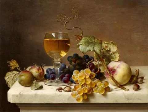 Johann Wilhelm Preyer — Früchtestillleben mit Reineclauden am Zweig, gefülltem Weinglas, blauen und weißen Trauben am Zweig, Pfirsich und Haselnüssen auf weißer Marmorplatte