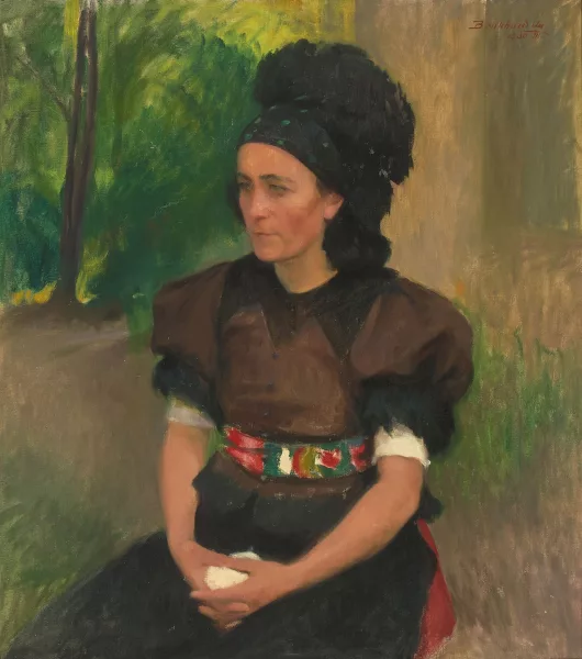 Ágost Benkhard — Sitzende Frau in Tracht