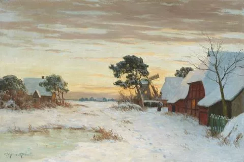 Paul Müller-Kaempff — Winterlandschaft mit Bauernhäusern und Windmühle in Ahrenshoop
