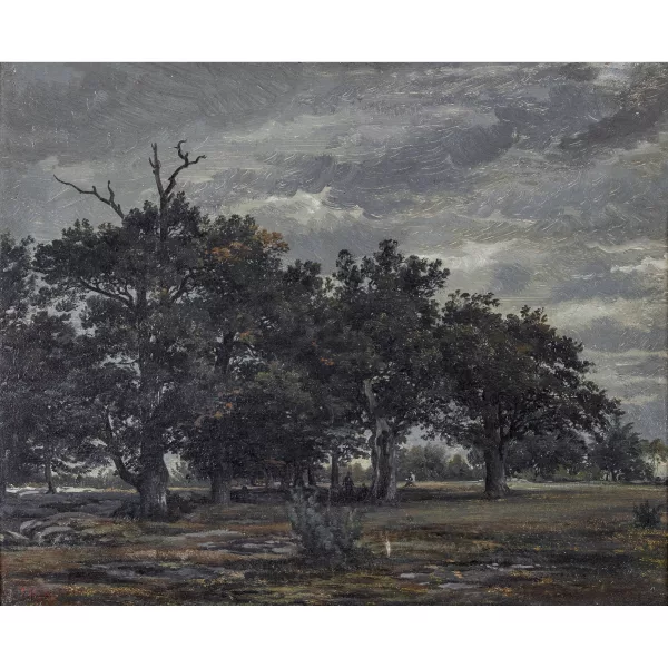 Théodore Rousseau — Waldlandschaft mit Künstler beim Zeichnen.