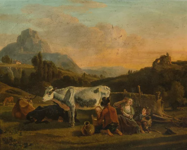 Jean-Louis de Marne — Attribué à Demarne, Jean Louis — zugeschrieben Bauernfamilie, der Vater beim Kühe melken