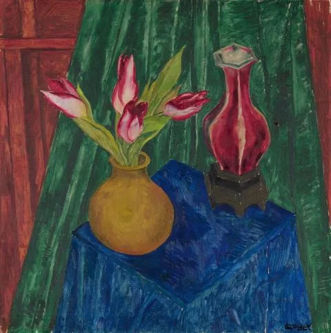 Walter Ophey — Tulpen-Stillleben mit gelber und roter Vase