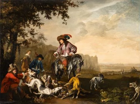Abraham Hondius — Italianisante Landschaft mit eleganter Jagdgesellschaft