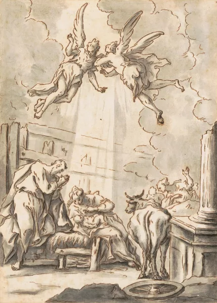Gaspare Diziani — Umkreis Die Geburt Jesu.Tusche und Aquarell auf Papier