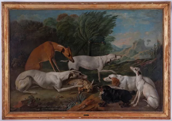 Alexandre-François Desportes — Entourage de Alexandre-François Desportes — Chiens capturant un lièvre dans un paysage,