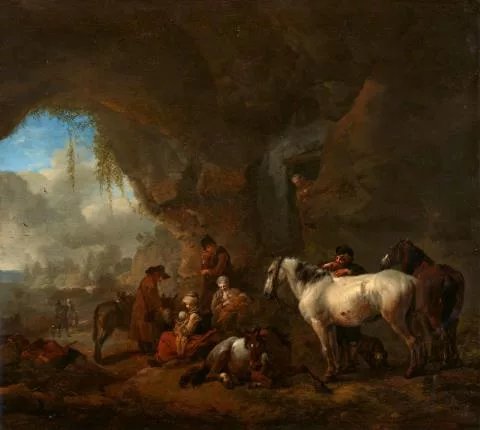 Philips Wouwerman — Reisende bei der Rast in einer Felsgrotte