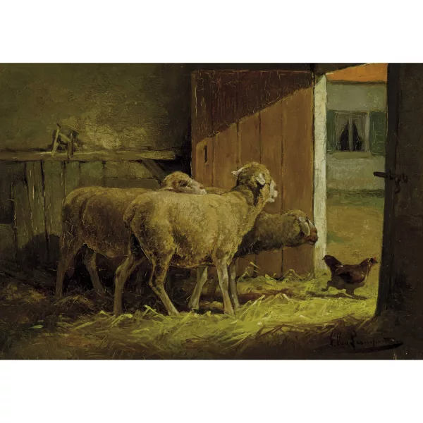 Corneille Van Leemputten — Schafe und Huhn im Stall.