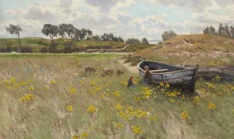Paul Müller-Kaempff — Dünenlandschaft mit Kindern und Schafherde