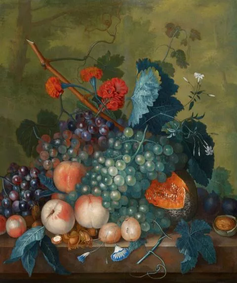 Jacob van Huysum — Früchtestillleben mit Melone, Trauben, Pflaumen und Haselnüssen