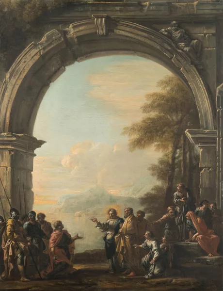 Giovanni Ghisolfi — Attribué à Ghisolfi, Giovanni — zugeschrieben Der Hauptmann von Kafarnaum fragt Jesus, ob er seinen kranken Diener heilen könne (nach Matthäus 8, 5-13)