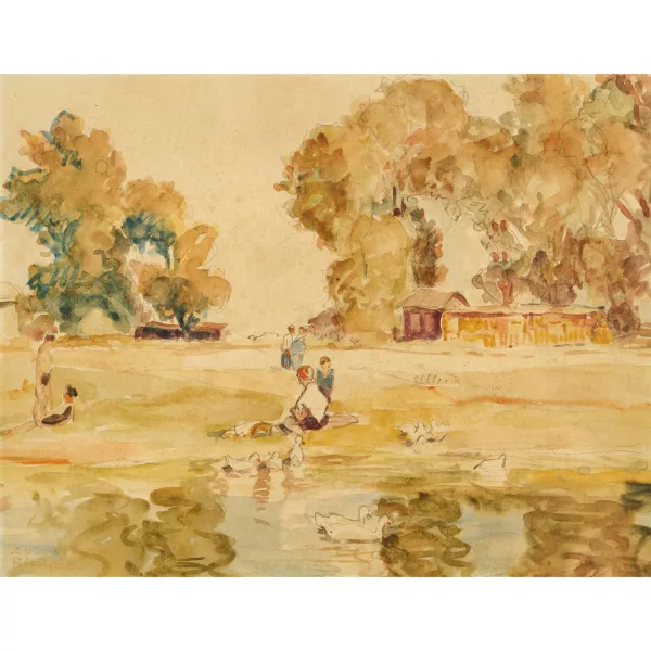 August Rieger — Landschaft mit Personen am Ufer.