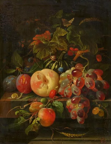 Abraham Mignon — Stillleben mit Kürbis, Pfirsich, Zwetschgen, Trauben und Insekten