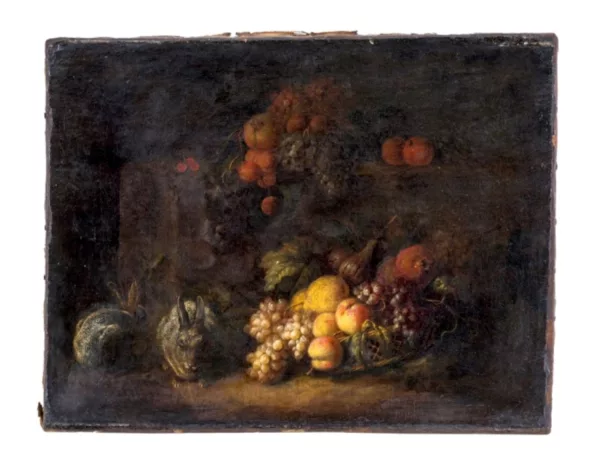 Willem Kalf — Suiveur de Willem Kalf — Nature morte aux fruits et aux lapins,