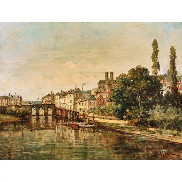 Gustave Mascart — Paysage fluvial au pont.